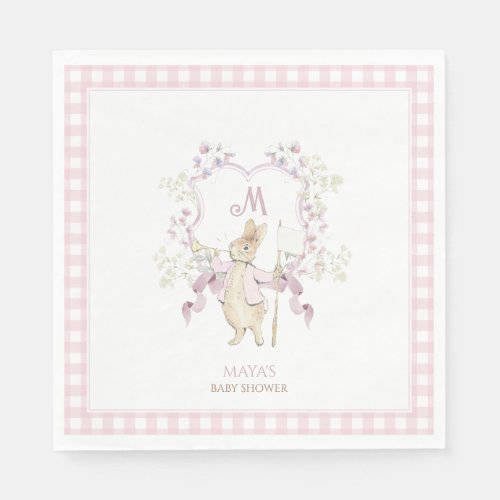 Pink Gingham Peter the Rabbit Monogram Baby Shower Napkins