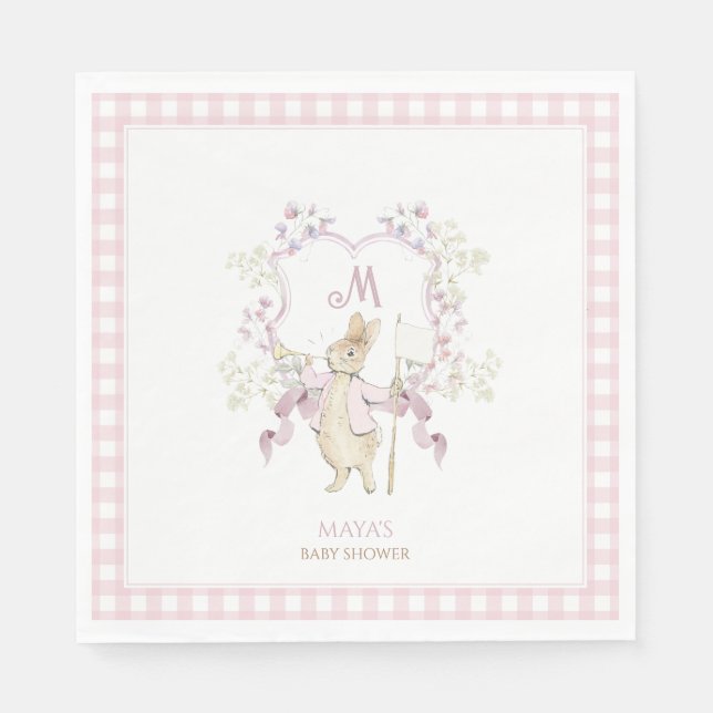Pink Gingham Peter the Rabbit Monogram Baby Shower Napkins (Front)