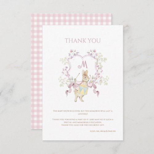 Pink Gingham Peter the Rabbit Monogram Baby Shower Thank You Card