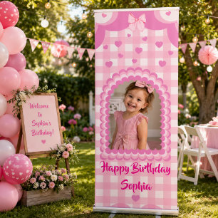 Pink Gingham Photo Birthday Girl Retractable Banner