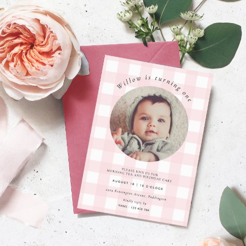 Pink Gingham Photo Birthday Invitation