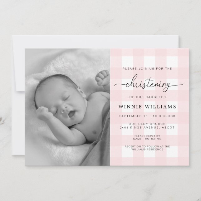 Pink Gingham Photo Christening Invitation (Front)