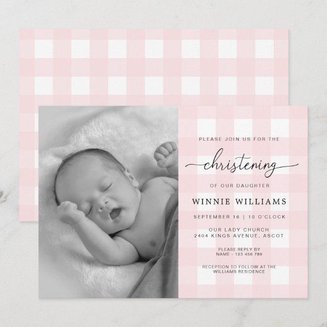 Pink Gingham Photo Christening Invitation (Front/Back)