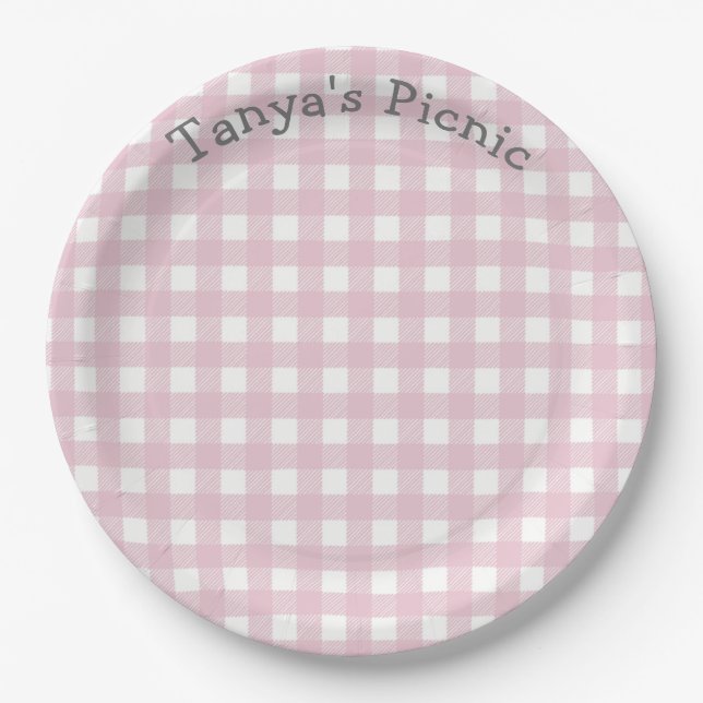 Pink Gingham Picnic Print Baby Birthday Party Paper Plates (Front)