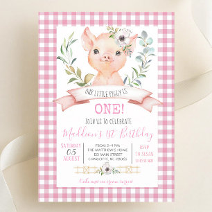 Pink Gingham Pig Girl Birthday Invitation
