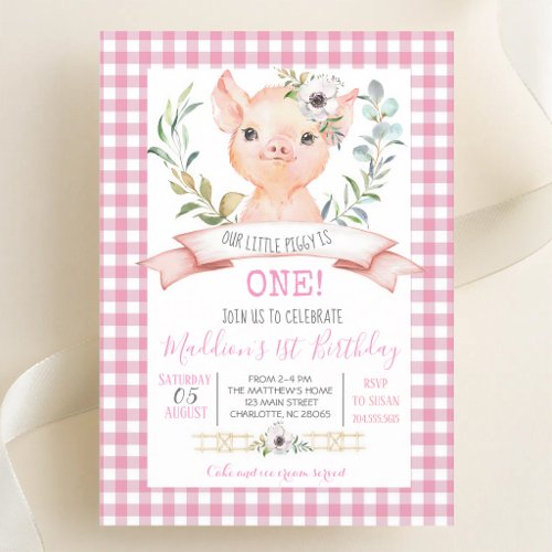 Pink Gingham Pig Girl Birthday Invitation