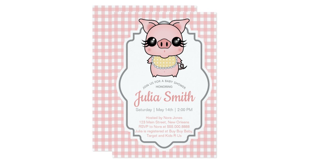 Pink Gingham Piggy Baby Shower Invitation | Zazzle.com
