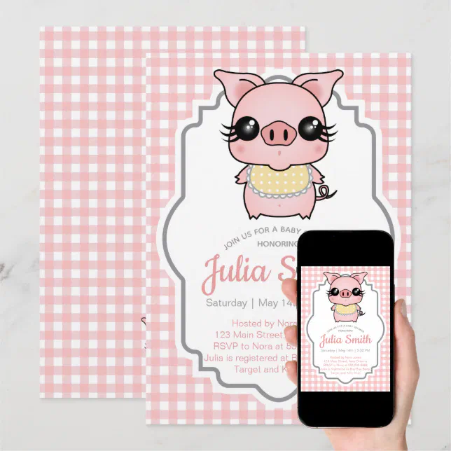 Pink Gingham Piggy Baby Shower Invitation | Zazzle