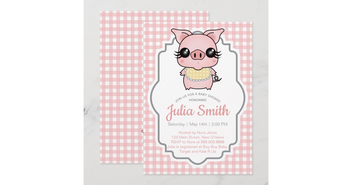 Pink Gingham Piggy Baby Shower Invitation | Zazzle