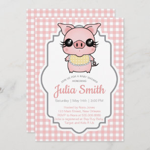 Pink Gingham Piggy Baby Shower Invitation