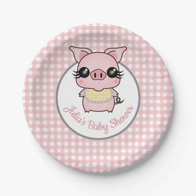 Pink Gingham Piggy Baby Shower Paper Plates (Front)