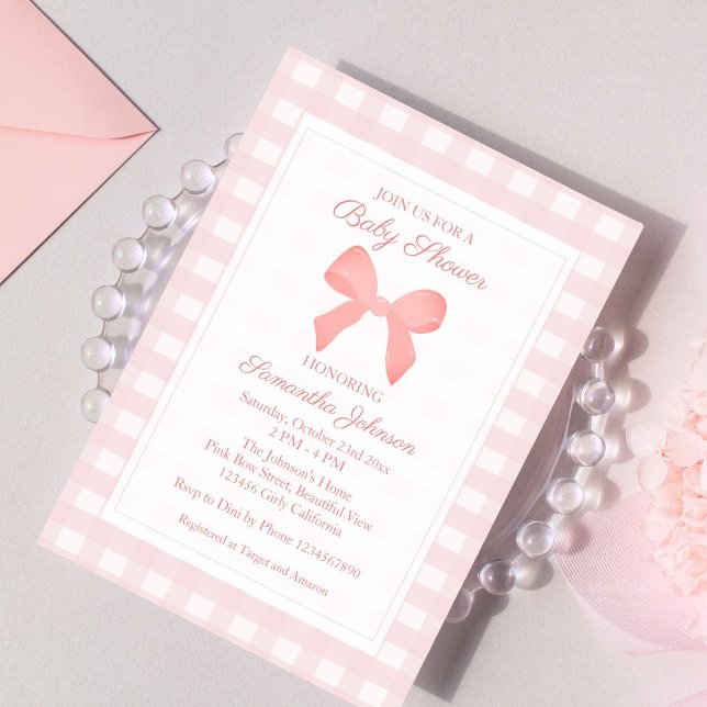 Pink Gingham Pink Bow Baby Shower Invitation (Creator Uploaded)
