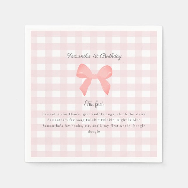 Pink Gingham Pink Bow Birthday Fun fact Napkins (Front)