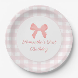 Pink Gingham Pink Bow Birthday Paper Plates