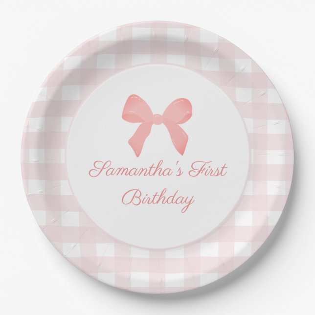 Pink Gingham Pink Bow Birthday Paper Plates (Front)