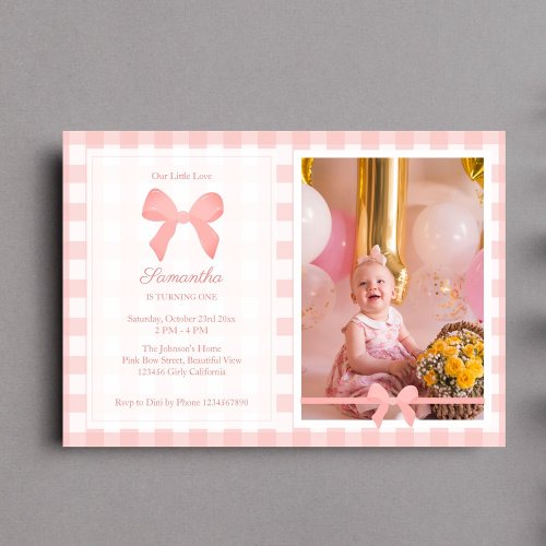 Pink Gingham Pink Bow Birthday Photo Invitation