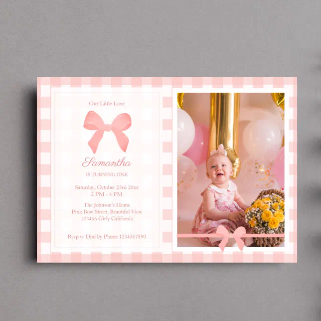 Pink Gingham Pink Bow Birthday Photo Invitation | Zazzle