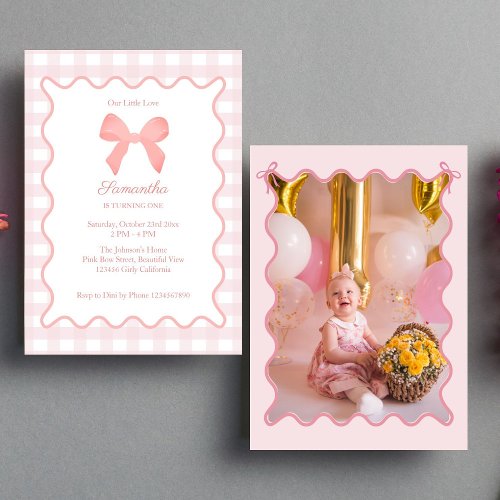 Pink Gingham Pink Bow Birthday Photo Invitation