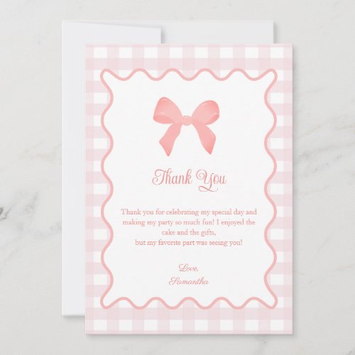 Pink Gingham Pink Bow Birthday Thank You Card