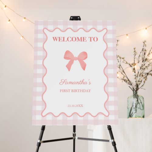 Pink Gingham Pink Bow Birthday Welcome Sign