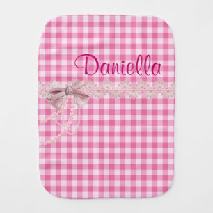 Pink Gingham Pink Lace Bow Custom Baby Burp Cloth
