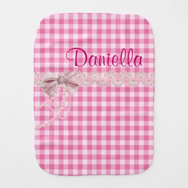 Pink Gingham Pink Lace Bow Custom Baby Burp Cloth (Front)