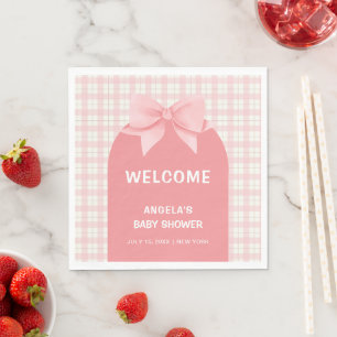 Pink Gingham Plaid Arch Bow Baby Shower Welcome Napkins