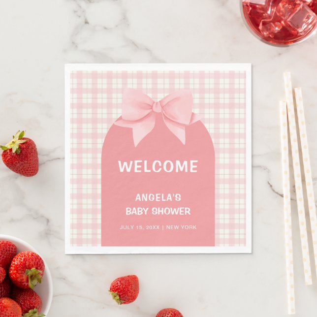 Pink Gingham Plaid Arch Bow Baby Shower Welcome Napkins (Insitu)