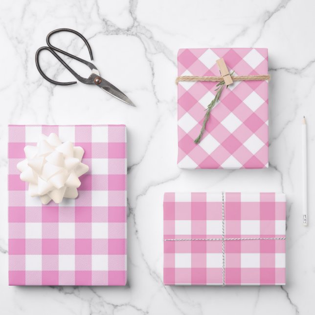 Pink Gingham Plaid Birthday Party Wrapping Paper Sheets (Front)