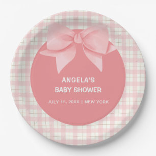 Pink Gingham Plaid Bow Baby Shower Paper Plates