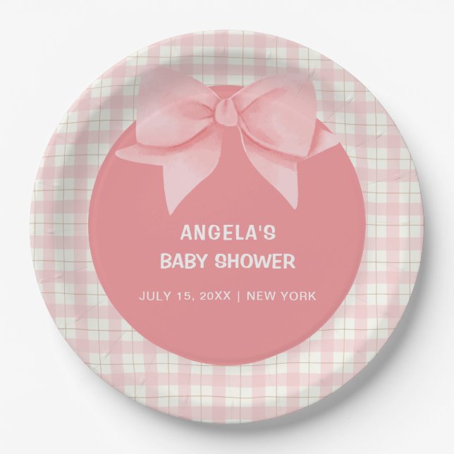 Pink Gingham Plaid Bow Baby Shower  Paper Plates (Front)