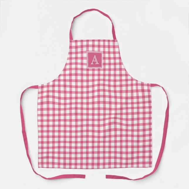 Pink Gingham Plaid Checker Minimal Modern Monogram Apron (Front)