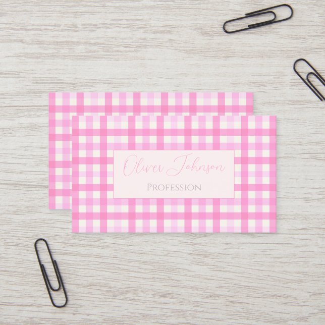 Pink Gingham Plaid Checkered Pattern Business Card (Front/Back In Situ)