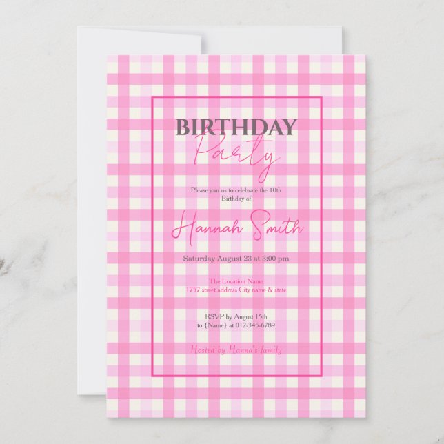 Pink Gingham Plaid Checkered Pattern Invitation (Front)