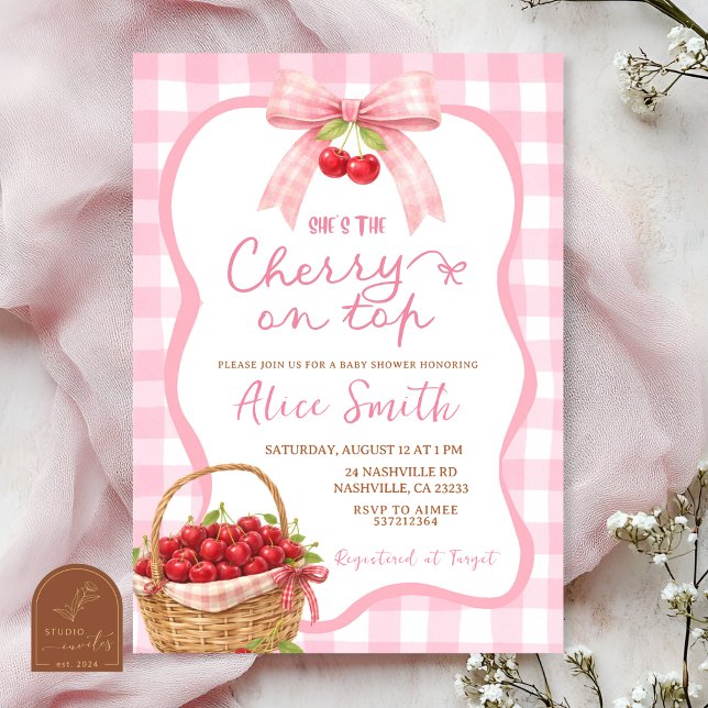Pink Gingham Plaid Cherry on top Baby Shower Invitation (Creator Uploaded)