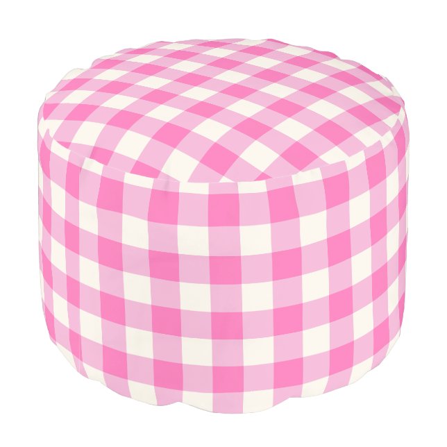 Pink Gingham Plaid Cottagecore Pouf (Angled Back)