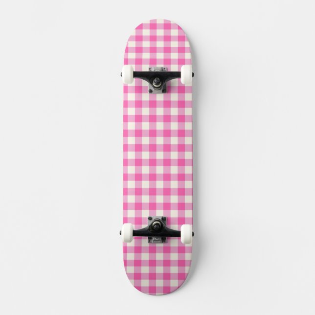 Pink Gingham Plaid Cottagecore Skateboard (Front)
