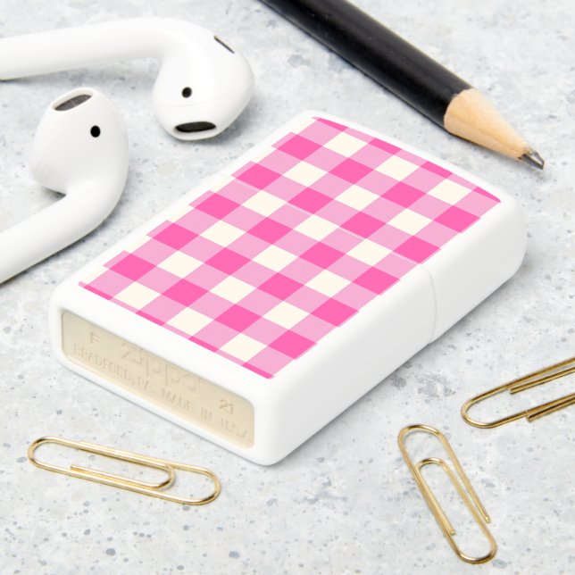 Pink Gingham Plaid Cottagecore Zippo Lighter (On Table 2)