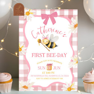 Pink Gingham Plaid Daisy Bee Birthday Invitation