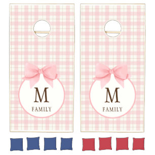 Pink Gingham Plaid Family Monogram Name Cornhole Set