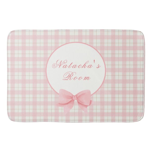 Pink Gingham Plaid Girl Custom Name Nursery Bath Mat (Front)