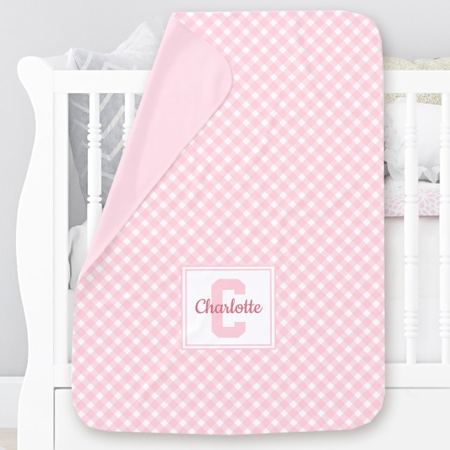 Pink Gingham Plaid Monogram Custom Name Girl Baby Blanket (Pink Gingham Plaid Monogram Custom Name Girl Baby Blanket)