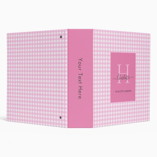 Pink Gingham Plaid Pattern Cute  Personalized  3 Ring Binder