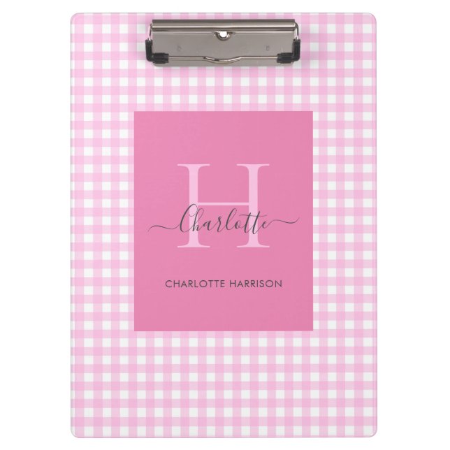 Pink Gingham Plaid Pattern Cute  Personalized Clipboard (Front)