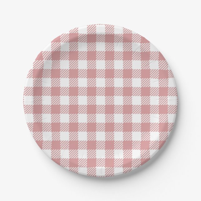 Pink Gingham Plaid Pattern Paper Plates (Front)