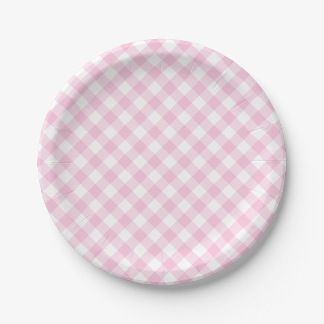 Pink Gingham Plaid Pattern Paper Plates (Front)