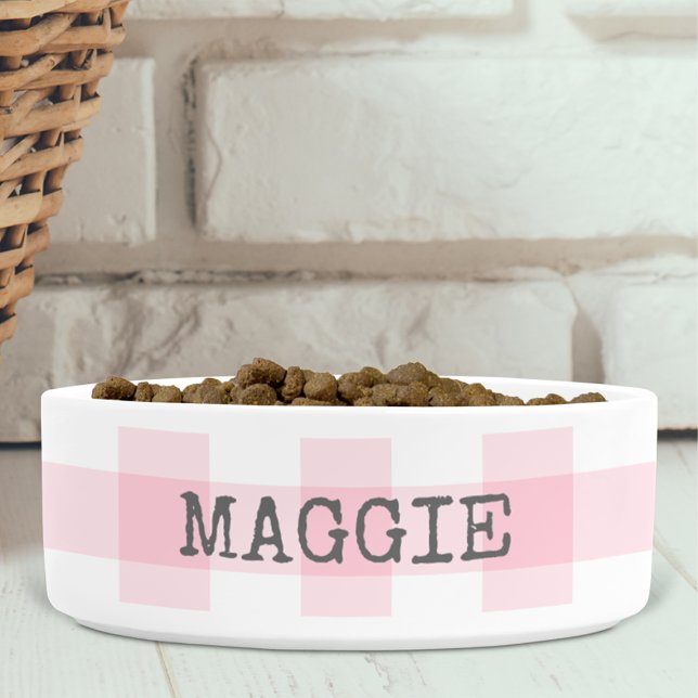Pink Gingham Plaid Personalized Farmhouse Dog Bowl (Creator Uploaded)