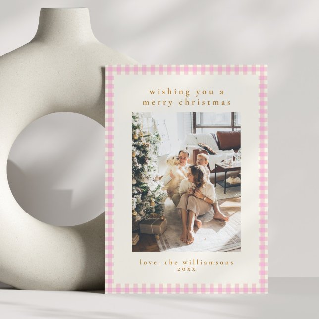 Pink Gingham Plaid Portrait Two Photo Christmas Holiday Card (Creator Uploaded)