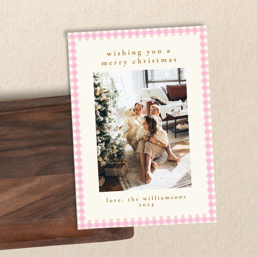 Pink Gingham Plaid Portrait Two Photo Christmas Holiday Card