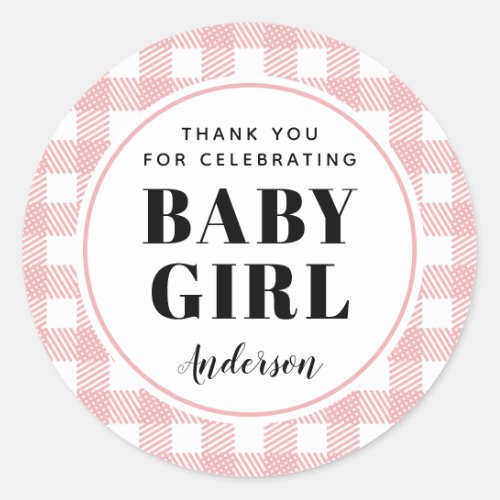 Pink Gingham Plaid Thank You Baby Girl Classic Round Sticker